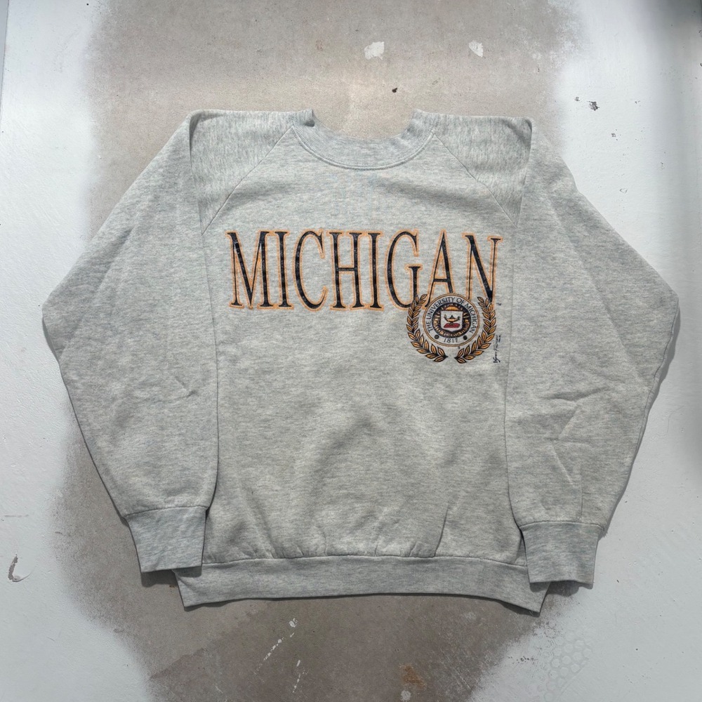 Vintage University of Michigan Crewneck Sweatshirt Gray Raglan Mens Large